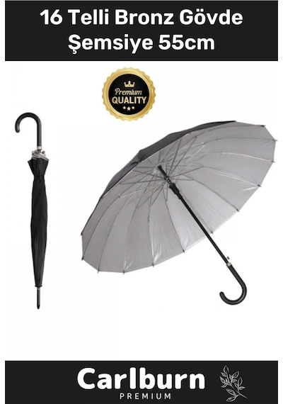 Özel Üretim Otomatik Mekanizma Baston Tip Rüzgar Korumalı Fiber 16 Telli Bronz Gövde Şemsiye 55cm Çok Renkli