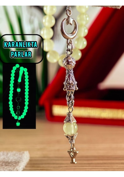 Kedi Gözü Tesbih Gece Karanlıkta Parlayan Model Kişiye Özel Harfli Hediyelik Tesbih Küre Kesim Fosforlu Tesbih Kahverengi - Beyaz