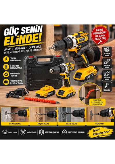 Şarjlı Matkap Seti 1850 Rpm 18w Çantalı Yedek Bataryalı Sarı