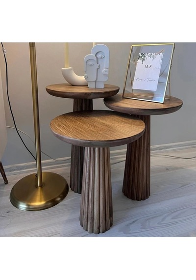 Wood 3 Lü Set Mantar Yan Sehpa Modern Ahşap Ceviz Renk Fiskos / Çiçeklik Ceviz