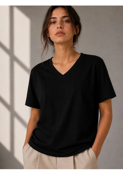 Hazego V Yaka Basic Tişört Kısa Kol Yazlık Regular Fit T-shirt - Siyah