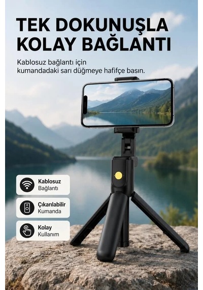Premium Mobil Araç Çekim Aleti K07 Siyah Tripod Kumandalı Mini Selfie Çubuğu