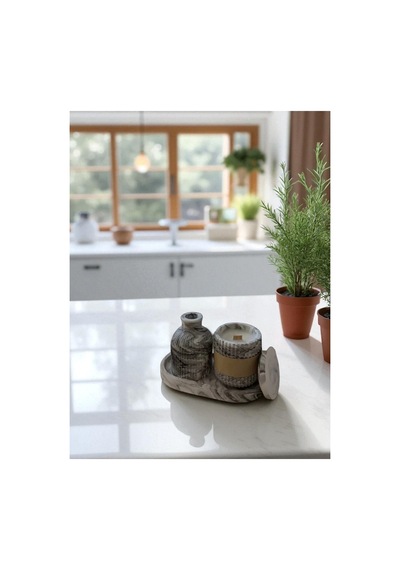 3 Parça Beton Vazo Mumluk Ve Tepsi Seti Siyah Dekoratif Ev Aksesuarı