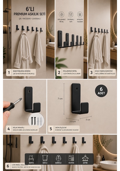 6 Lı Metal Yapışkanlı Siyah Renk Bornoz/havlu Askısı/mutfak Askısı / Çok Amaçlı Askı / Paslanmaz 2mm "çok Kalın Askı"