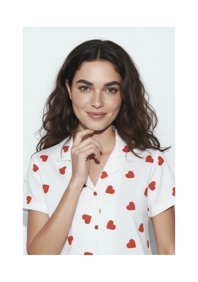 Feg Store %95 Pamuklu Kadın Beyaz Kırmızı Kalp Desenli Kısa Kollu Düğmeli Şortlu Pijama Takımı