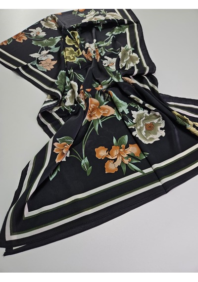 Miorel Scarfs Yeni Sezon Çiçek Desen Vual İpek Şal Fular Silk Scarfs Shawl Hijab Siyah