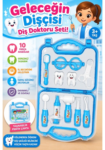 Eğitici Çantalı Oyuncak Dişçi Seti 10 Parça Kız Çocuk Diş Doktoru Oyun Seti 3+ Yaş