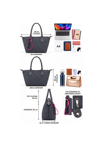Vıatox Vx-027 Kadın Geniş Hacimli Shopper Su Geçirmez Paraşüt Kumaş Astarlı & Dayanıklı Koyu Gri
