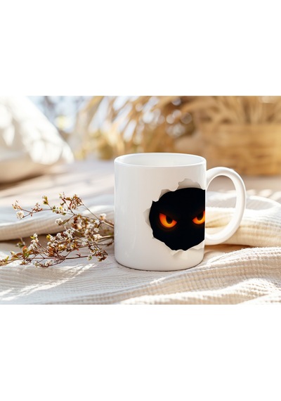 3d Görünümlü Kırmızı Gözlü Kupa Bardak Halloween Temalı Siyah Yüz Tasarım Bardak - Kabartmasız Beyaz