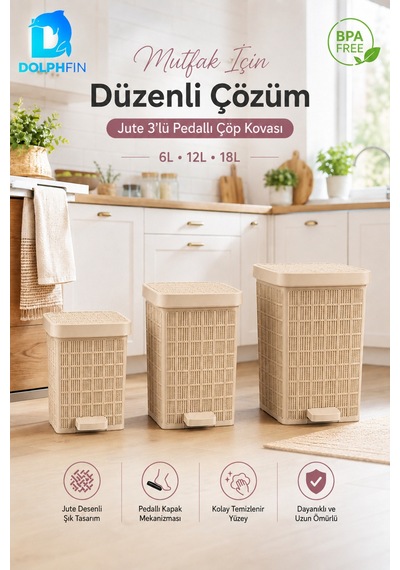 Jute 3 Lü Pedallı Çöp Kovası Seti 6 L + 12 L + 18 L Bej