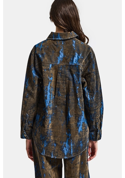 Itsbasic Kadın Kahve Mavi 1s6-15 Oversize Özel Flok Kumaş Tasarım Denim Gömlek