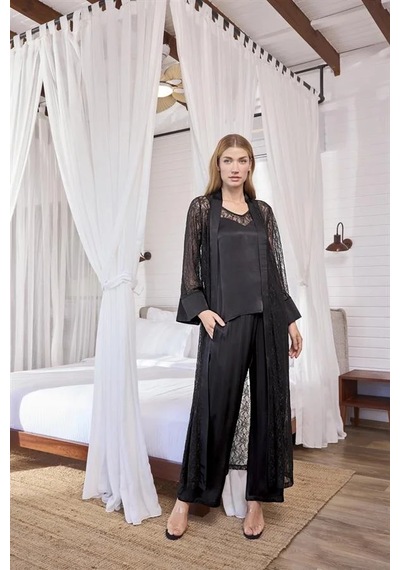 Ang Butik Kadın Uzun Kollu Dantelli Ve Kuşaklı Sabahlık Takımı Siyah