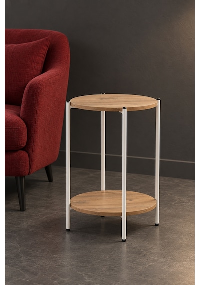 Yuvarlak Tablalı İki Raflı Yan Sehpa Q42x60 (Beyaz Atlantik Çam)