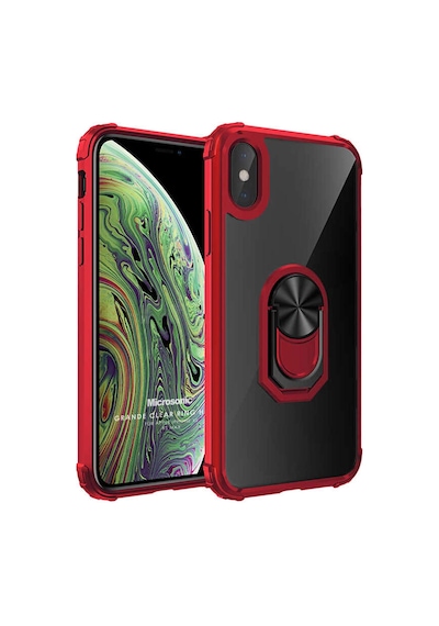 Apple iPhone X İçin Kılıf Grande Clear Ring Holder Kırmızı Apple iPhone X İle Uyumlu Kılıf - Kırmızı