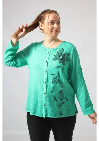 Moda Berray 3293 Yeşil Çiçek Baskılı Organik Keten Kumaş Mevsimlik Gömlek Yeşil