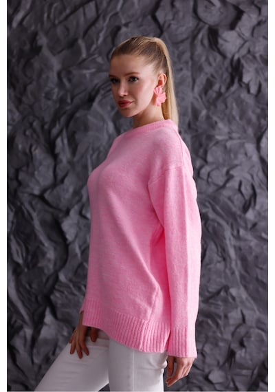 Qscob Bisiklet Yaka Oversize Basic Triko Kazak Pembe