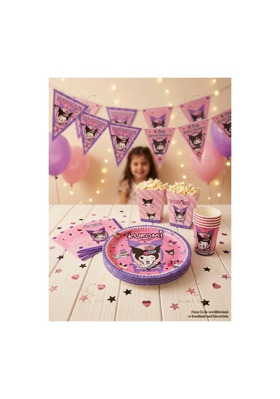 Kuromi 16 Kişilik Doğum Günü Parti Seti Tabak Bardak Peçete Balon Flama Mısır Kutusu Mor Pembe
