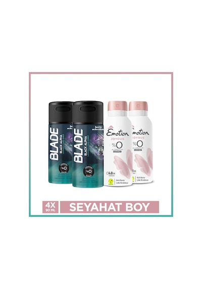 Emotion Joyous Kadın Deodorant & Blade Black Alpha Erkek Deodorant 4x90 Ml Seyahat Seti