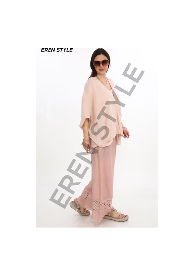 Eren Style İtalyan Fisto Paça Detaylı Keten Pantolon-9893 Pudra