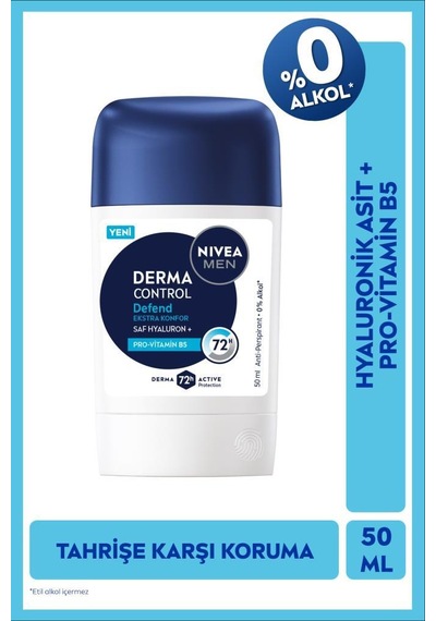 Men Erkek Stick Deodorant Derma Control Defend 50ml, 72 Saat Anti-perspirant, Alkolsüz, Hyaluron