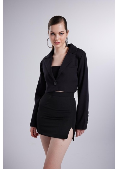 Holly Lolly Vatkalı Atlas Kumaş Crop Model Panky Ceket Siyah