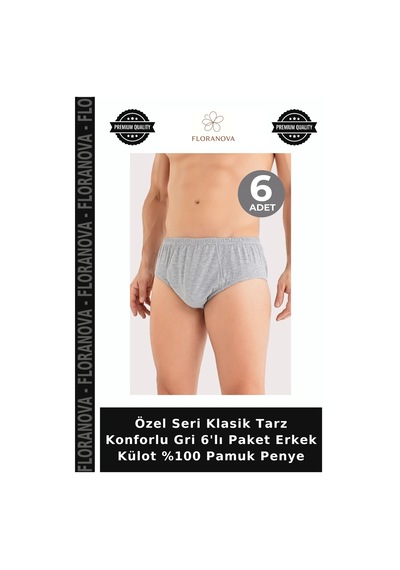 Floranova Özel Seri Klasik Tarz Konforlu Gri 6'lı Paket Erkek Külot %100 Pamuk Penye