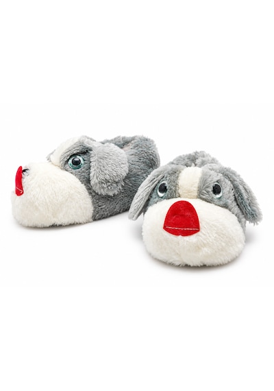 Modafocus Sevimli Köpek Figürlü Sessiz Kaydırmaz Taban Peluş Unisex Ev Pandufu Sevgili Kombin Terliği Gri