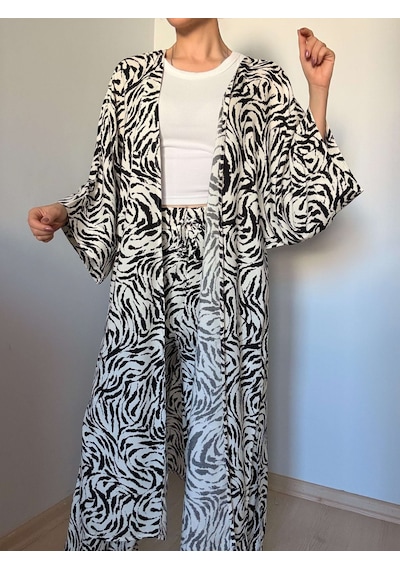 Ali Butik Zebra Desenli Kimono Pantolon Takım Zebra
