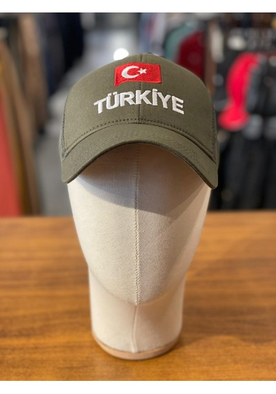 Hamze Türkiye Bayrak Nakışlı Pamuklu Unisex Cap Şapka Haki Yeşil