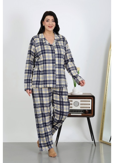 Akbeniz Kadın Büyük Beden Pamuklu Cepli Düğmeli Lacivert Pijama Takım 202504 Lacivert