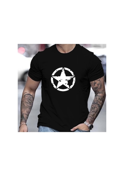 Caddemia Yaz Rahat Rahat Gevşek Büyük Boy Yıldız Logosu Grafik Baskılı Spor Yuvarlak Siyah 2XL