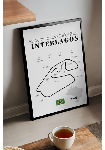 Interlagos Formula 1 Siyah Ahşap Çerçeveli Poster, Dekoratif Harita Duvar Tablosu