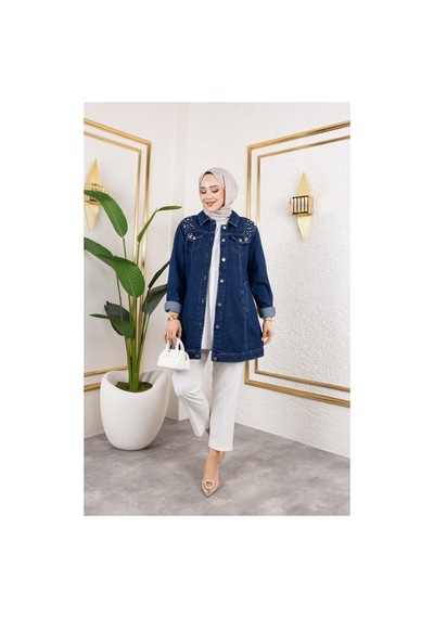 Harman Butik Kadın Boncuk İşlemeli Denim Kot Ceket Lacivert Lacivert