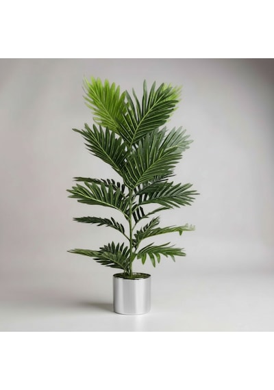 100 Cm Yapay Areca Palmiyesi Premium Dekoratif İç Mekan Bitkisi Metal Gümüş Saksı Yeşil