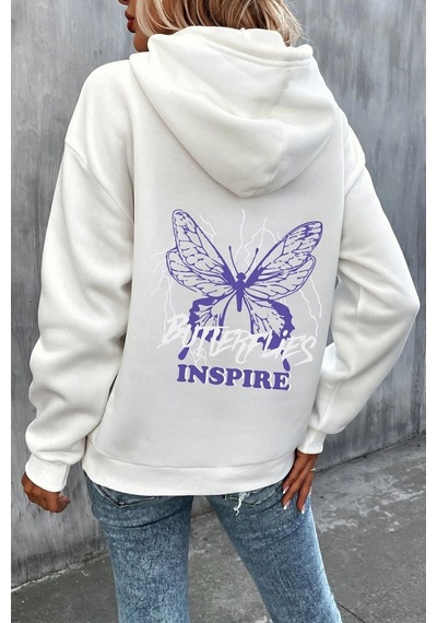 Uyguntarz Unisex Butterfly & Letter Graphic Baskılı Sweatshirt beyaz