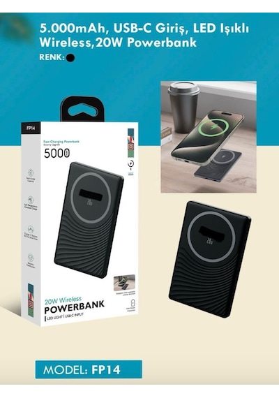 FP14 5000 mAh 20 W USB-C Led Işıklı Wireless Slim Taşınabilir Powerbank