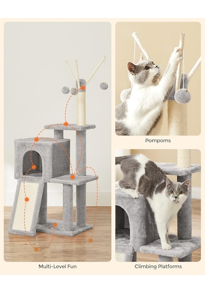 Tr Pct143w01 Kedi Ağacı, Tırmalama Tahtalı, 3 Çıkarılabilir Ponpon Çubuğu, 118 Cm, Açık Gri
