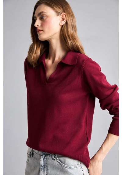 Defacto Regular Fıt Polo Yaka Kazak F0405ax26wnbr330 Bordo-br330