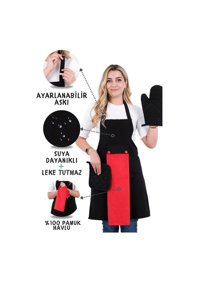 Star Ayar Askılı Havlulu 4lü Mutfak Önlüğü Seti Eldiven Tutacak Siyah-kırmızı-siyah