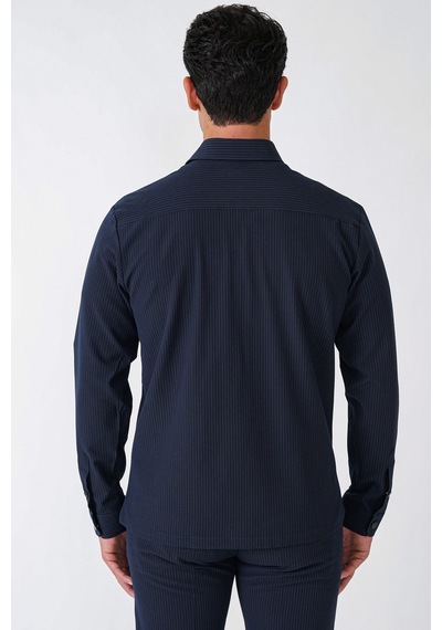 Comfort Fit Yan Cepli Esnek İnce Çizgili Lacivert Gömlek Ceket G 1608