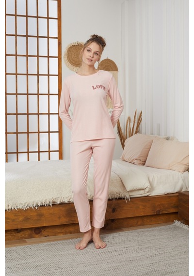 Siyah İnci Love Nakışlı Fitilli Örme Pijama Takım25226001 Somon