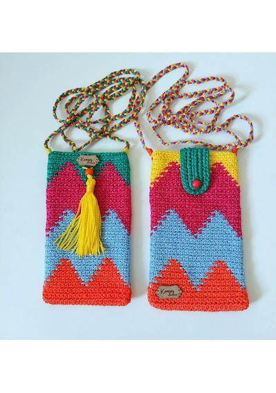 Kemzey Handmade Wayuu Telefon Çantası, El Yapımı Örgü Telefon Çantası Yeşil - Fuşya