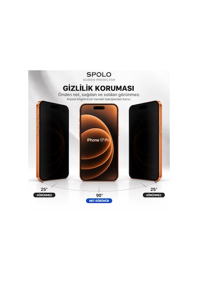 Spolo Apple iPhone Uyumlu  17 Pro Hayalet Ekran Koruyucu Gizlilik Camı Yan Görüş Önleyici