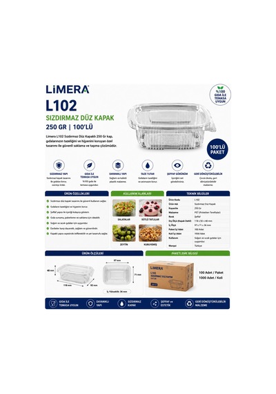 Limera L102 Sızdırmaz Düz Kapak 250 Gr 100'lü