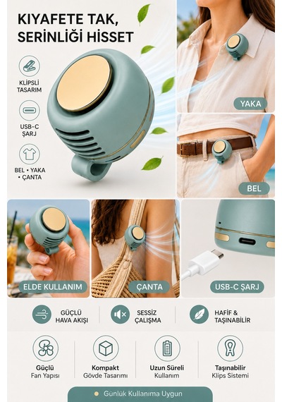 Fan Taşınabilir Mini Fan Usb Şarjlı Klipsli Yaka Fanı Portatif Sessiz El Vantilatörü Bel Çanta Gömlek Askılı Kullanım Serinletici Yeşil - 892159781