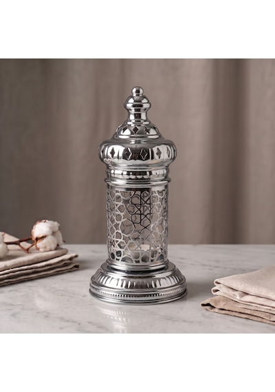 Beyaz Geometrik Metal Fener Selçuklu Yıldızı Çay Feneği Tutucu Minimalist Fas Mum Dekorasyonu Gümüş