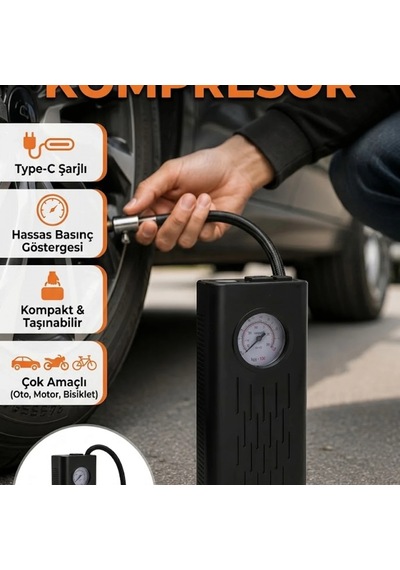 Type-c Şarjlı 80w Elektrikli Kompresör Oto, Motosiklet Ve Bisiklet Lastik Pompası