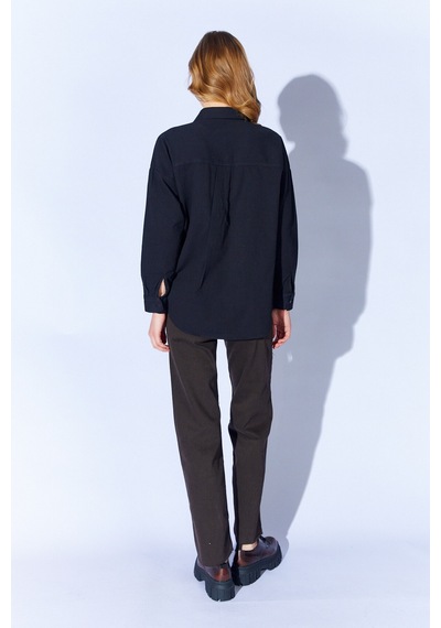 Manche Siyah Broş Detaylı Oversize Tek Cepli Gabardin Gömlek Mkw168174-01
