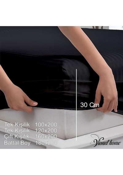 %100 Pamuk, Çizgili Saten Lastikli Çarşaf Seti 82 Tel Sık Dokuma Tek Kişilik Çift Kişilik Battal Boy Siyah, 100x200