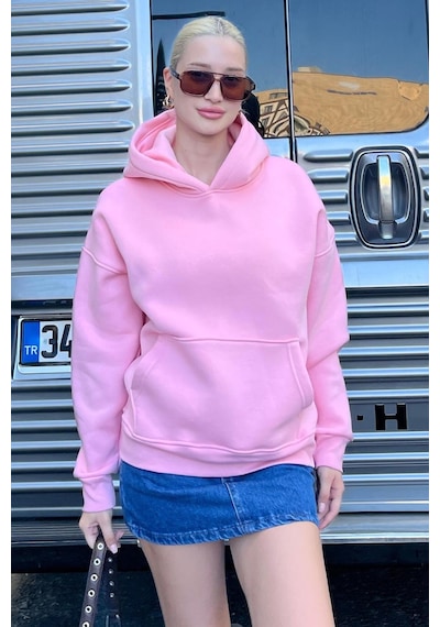 Pembe Kapüşonlu Şardonlu Oversize Cepli Sweatshirt Mg2206